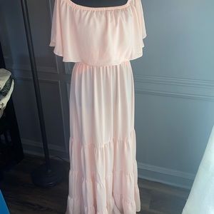 Venus Off Shoulder Ruffle Tiered Maxi. Peach, Size L